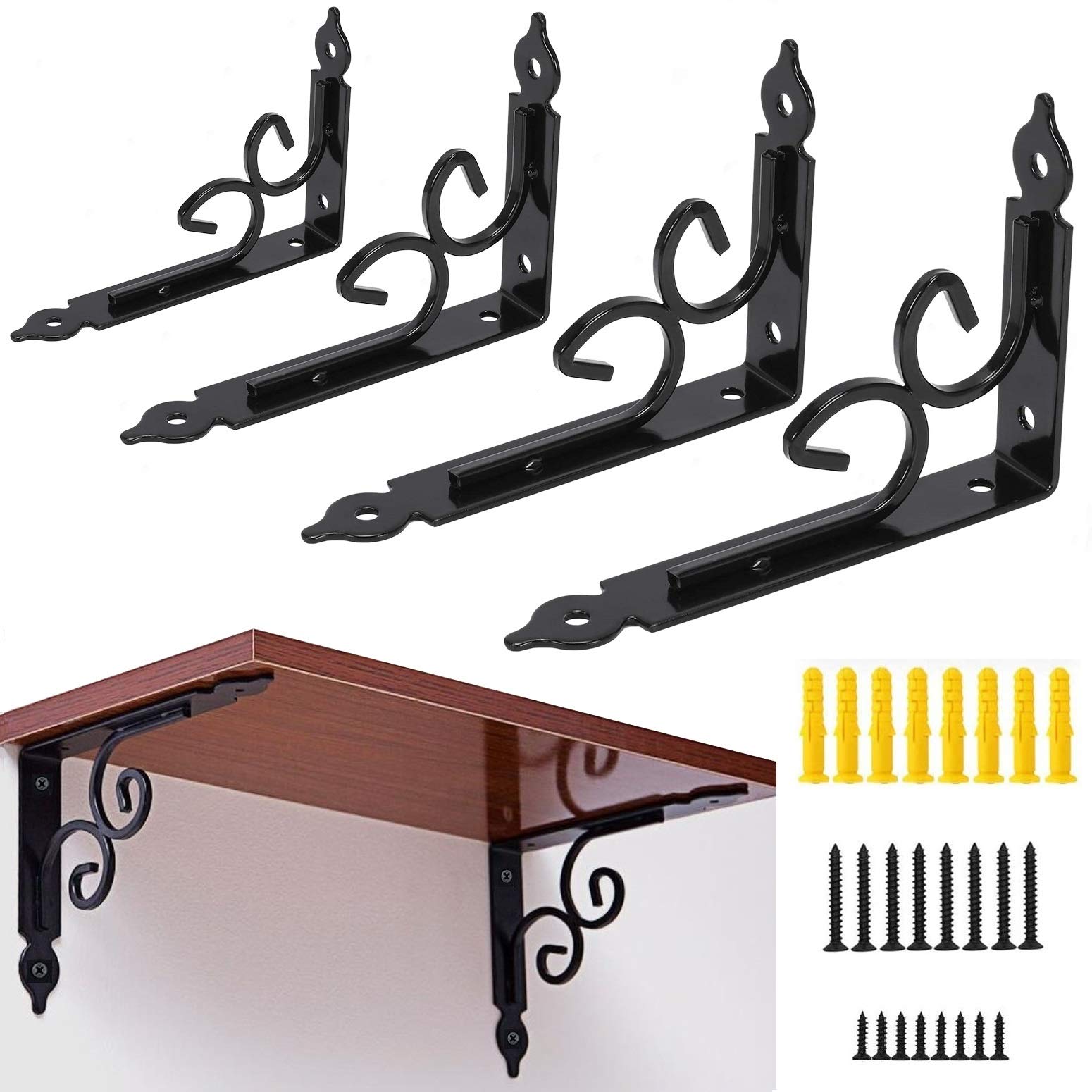 4 Pack Decorative Shelf Brackets 8 Inch, Wall Mounted Floating Supports, Heavy Duty L Shape Metal Brackets, Black