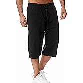 HangNiFang Men's Long Linen Shorts Below Knee Pocketed 3/4 Summer Drawstring Capri Pant