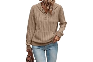 SHEWIN Women's Hoodies Casual Long Sleeve Quilted Half Button Drop Shoulder Pullover Tops Loose Drawstring Hooded Sweatshirt