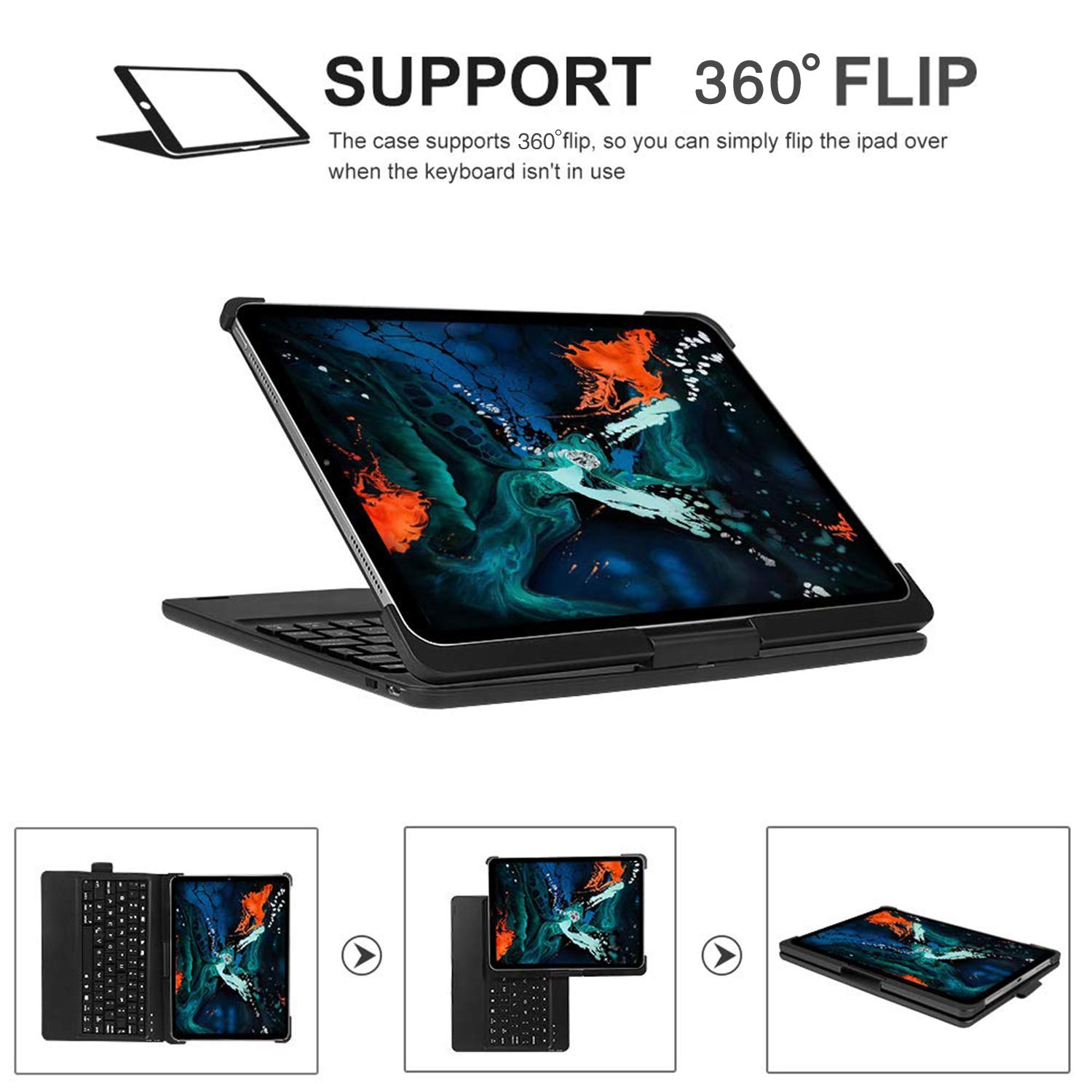 Keyboard Case for iPad Pro 11 inch, 7 Colors Backlit Wireless Keyboard Case, Folio Smart 360 Rotate Stand Cover, iPad Pro 11 Keyboard Case,Black