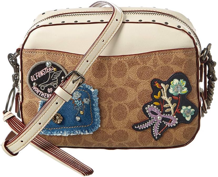 Coach Camera Bag Crossbody In Signature Canvas With Patches and Rivets