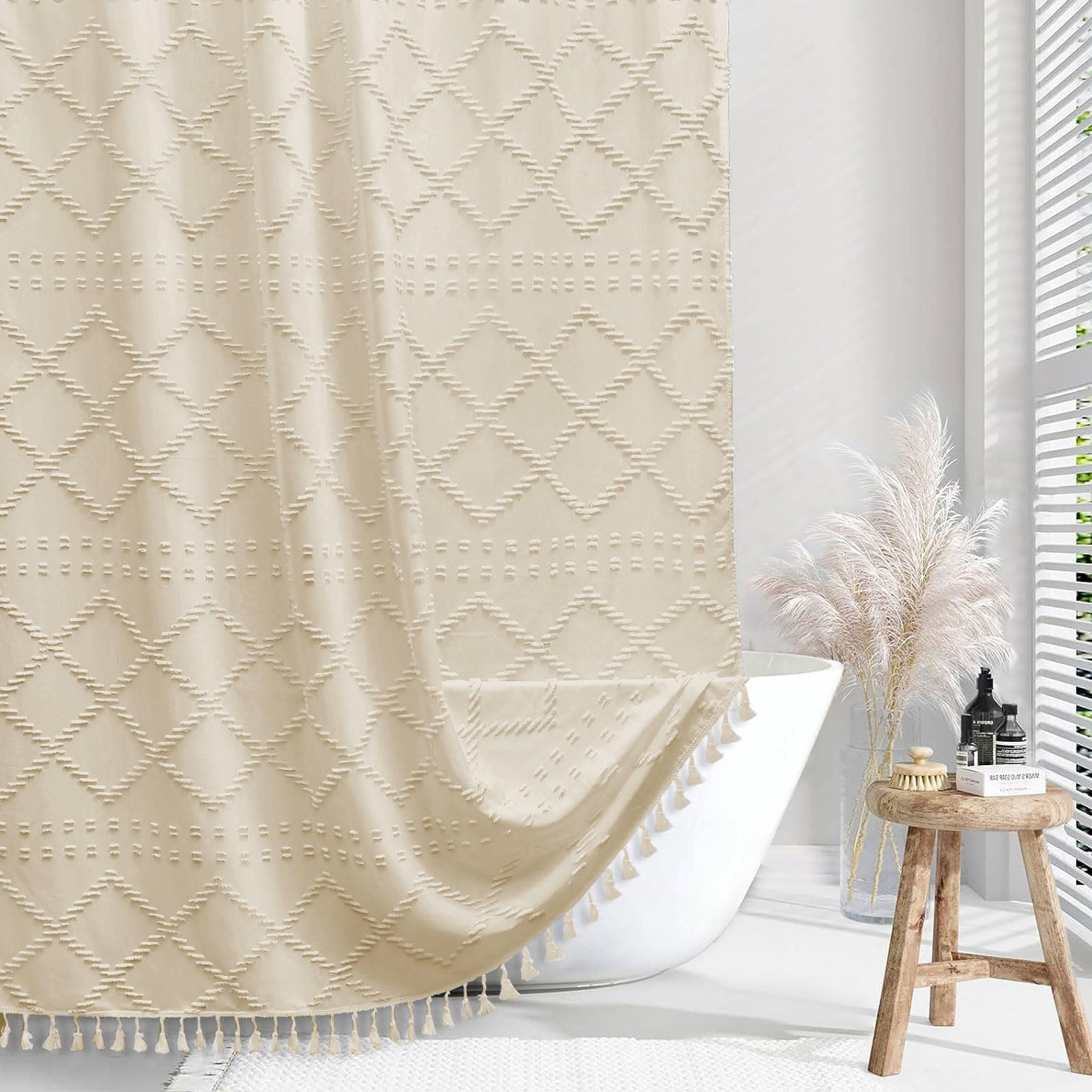 Photo 1 of Siiluminisoy Boho Farmhouse Shower Curtain - Woven Fabric Cream/Beige, 60 x 72 Tufted Chevron Textured Striped Modern Minimalist for Bathroom