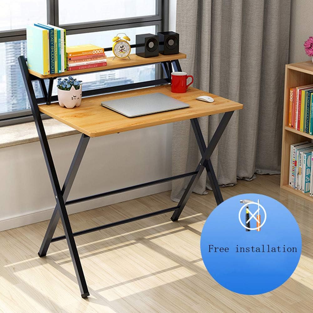 2 Tier Folding Gaming Desk, Wood Sturdy Frame Compact Study Writing Table, Home Office Desk Simple Laptop Computer Desk (Khaki)