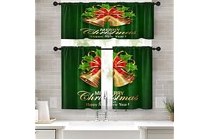 Emvency Merry Christmas Kitchen Curtains Green Bell Window Curtains and Valances Set 36 Inch, Happy New Year Short Tier Curtain for Kitchen, Small Kitchen Decor