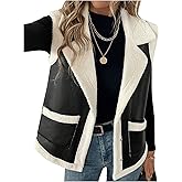 MakeMeChic Women's PU Leather Fuzzy Vest Open Front Sleeveless Pocket Warm Jacket