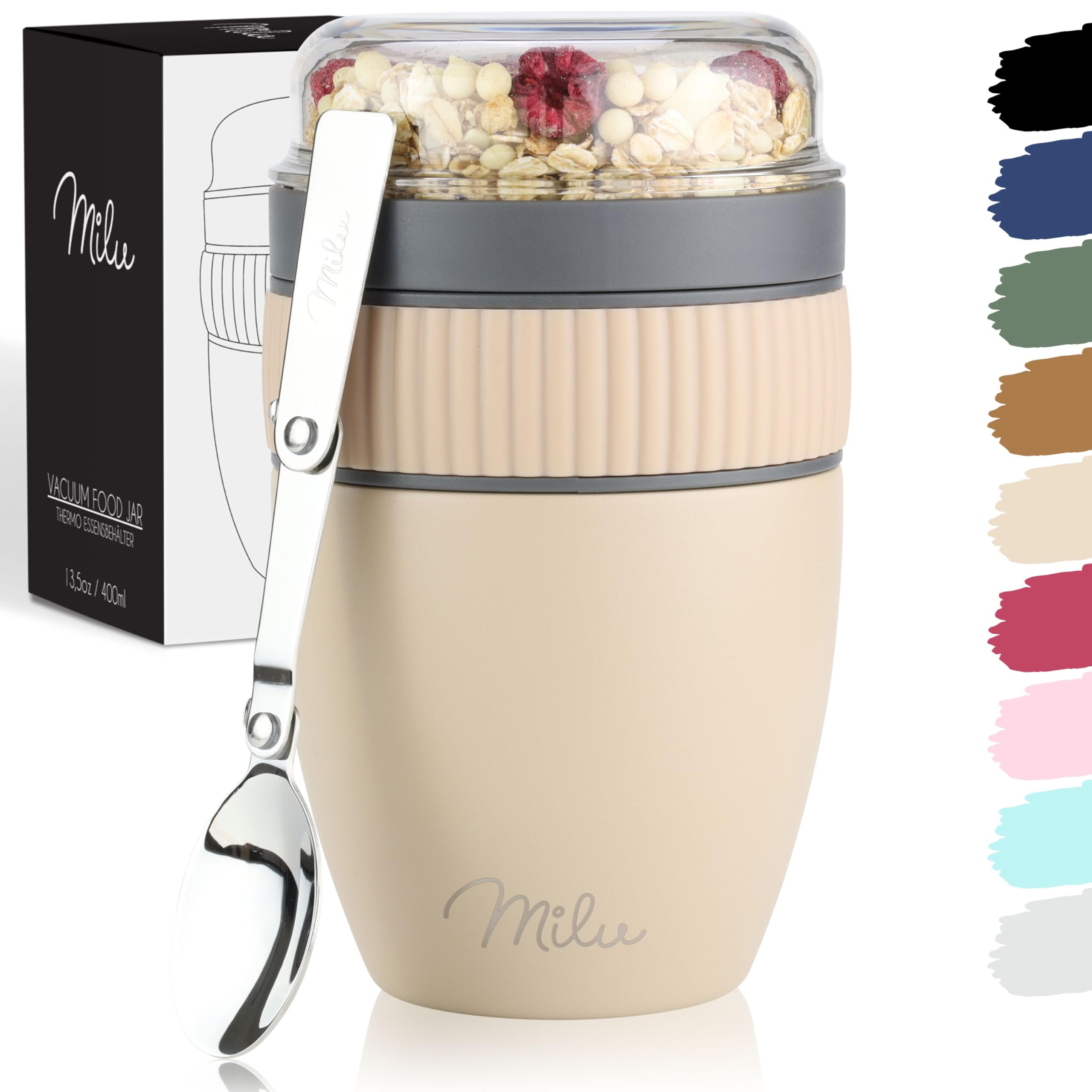 Milu Cereal Cup to go 400ml I insulated yoghurt cup for muesli I leak-proof cup with spoon for yoghurt/porridge (Beige)