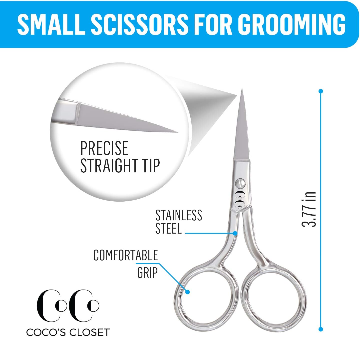 Coco’s Closet Small Scissors for Grooming - Stainless Steel Straight Tip Scissor for Hair Cutting – Beard, Ear, Eyebrows, Moustache, Nose Trimming: Home Improvement