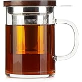COMI Tea Cup with Infuser Walnut Lid&Handle, Glass Tea Cups with Wide Mouth Extra Large Capacity, Stainless Steel Tea Infuser Mug for Loose Leaf Tea Steeping(14oz/400ml)