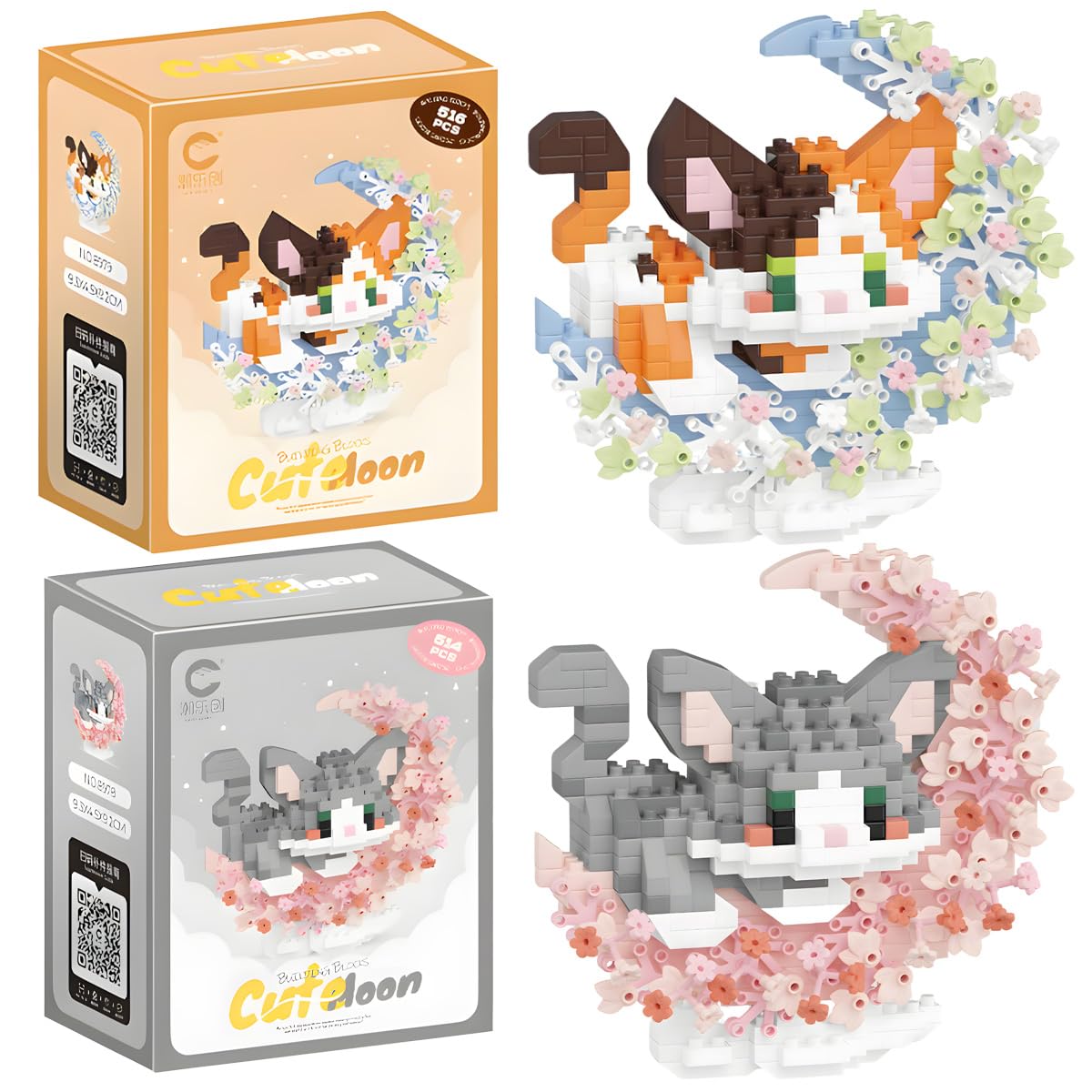 2 in 1 Mini Block Set Cat for Animals with Flower Belt, Mini Building Blocks Cats and Dog, Mini Animal Building Kit, Cute Animal Building Blocks, for Children from 6 Years, Adults, Birthday Gifts