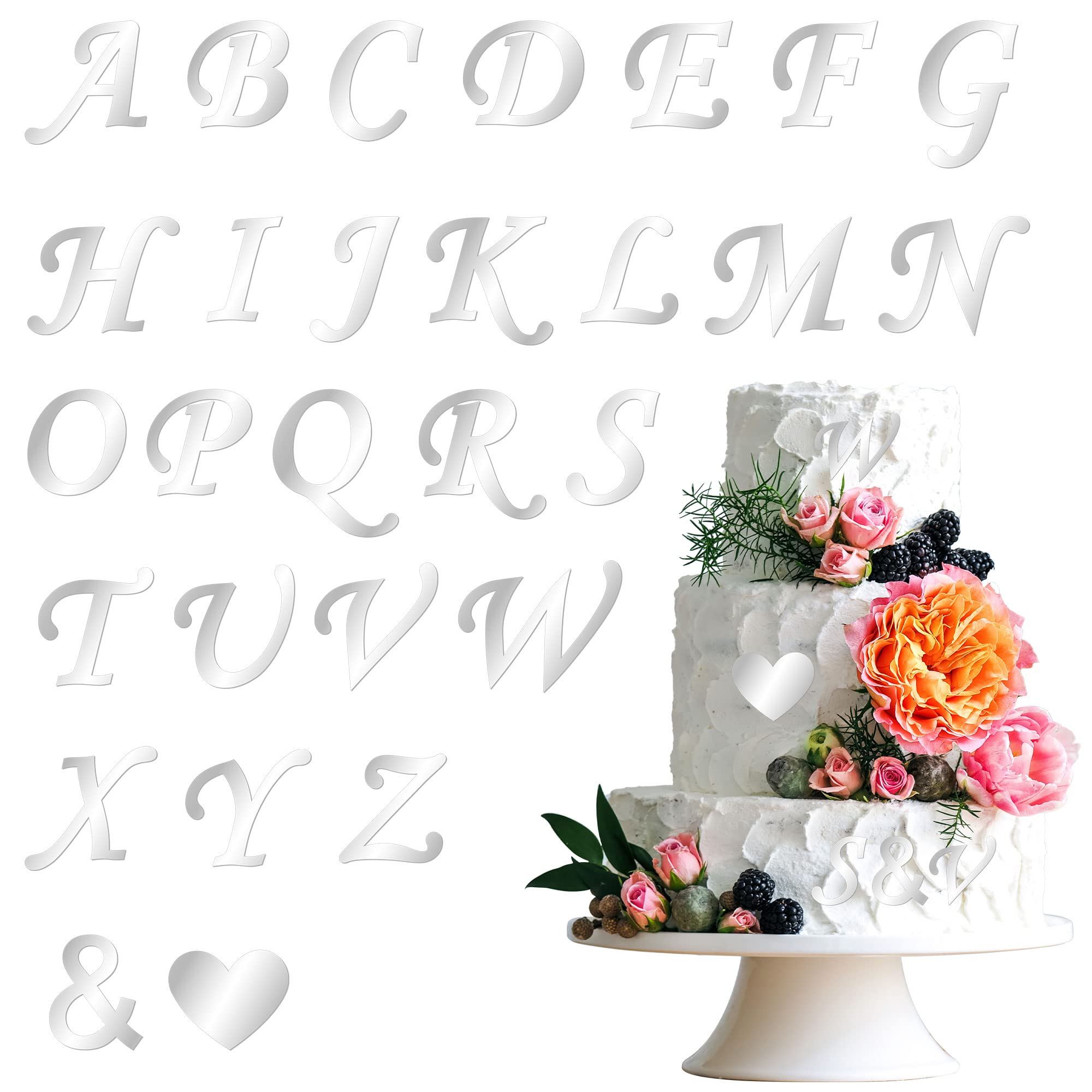 Gyufise 28Pcs Acrylic Alphabet Cake Topper DIY Custom Cupcake Toppers with A-Z Letter Picks for Personalized Name Cake Decorations Wedding Anniversary Baby Shower Happy Birthday (Mirrored Silver)