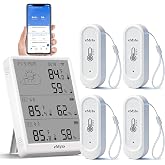 eMylo WiFi Thermometer Hygrometer with 4 IP65 Remote Sensors, 328Ft Range | Indoor Outdoor Temperature Humidity Monitor with App Alerts, Large LCD Display, Data Export, for Home Greenhouse Basement