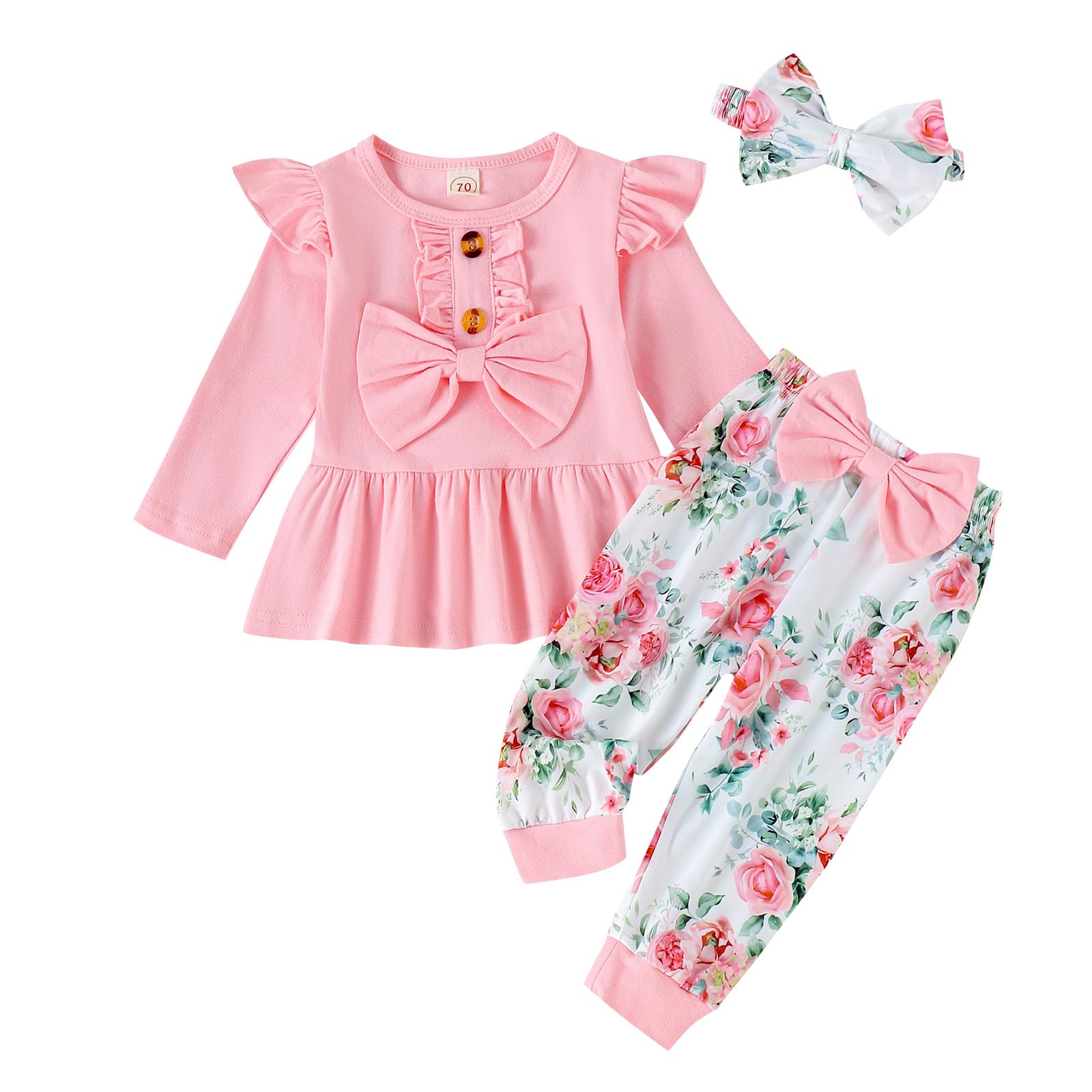 Photo 1 of LUNFEGO Baby Girl Clothes Infant Toddler Outfits Ruffle Top + Floral Pants + Bow Headband Set Baby Girls' Clothing 12-18 Months - Pink