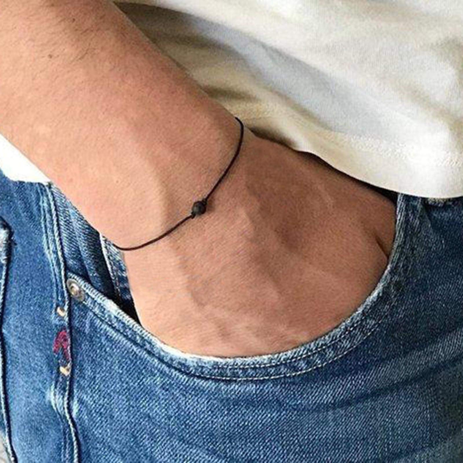 TseenYi Boho Tiny Lava Stone Bracelet Black Wax Thread Leather Hand Chain Elegant Bridal Bracelet Handpiece Jewelry for Women and Girls