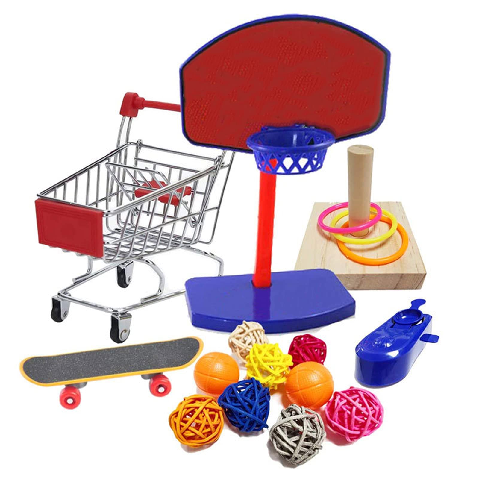 JasCherry 4Pcs Bird Training Intelligence Toys Set Included Training Basketball, Colorful Stacking Rings, Mini Skateboard and Shopping Cart Toy, Sepak Takraw for Parrots Budgies Cockatiel Parakeet #6