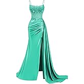 wayfor Beaded Satin Prom Dresses Long Mermaid Evening Dresses Lace Applique Corset Formal Party Gown with Slit Tail