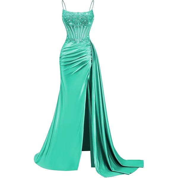Amazon.com: Ontoefy V Neck Satin Prom Dresses 2026 Long Mermaid Lace Evening  Gown with Slit Pleated Formal Dress with Tail Black : Clothing, Shoes &  Jewelry
