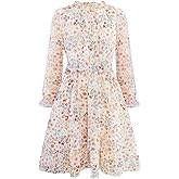 Alakuoti Girls Fall Long Sleeve Dress Floral Ruffle Flower Girl Formal Party Holiday Midi Dresses with Belt 5-14 Years