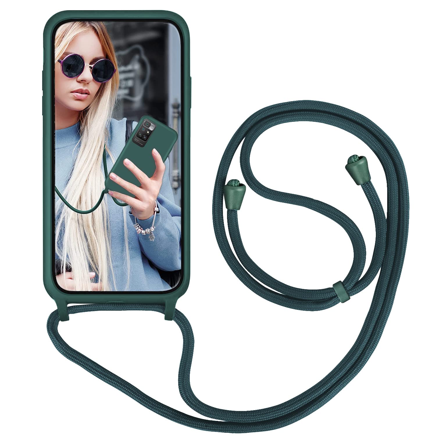 GoodcAcy Mobile Phone Chain Case for Xiaomi Redmi 10, Smartphone Necklace Case with Strap Protective Case with Chain for Hanging Necklace Liquid Silicone Case for Xiaomi Redmi 10, Green