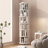 Muwuele Solid Wood Rotating Bookshelf on Wheels, 6 Tier, Round Revolving Bookcase, 360° Spinning Book Shelf Tower for Kids, Narrow Rolling Bookshelves for Small Space, Corner, Bedroom, Office, White