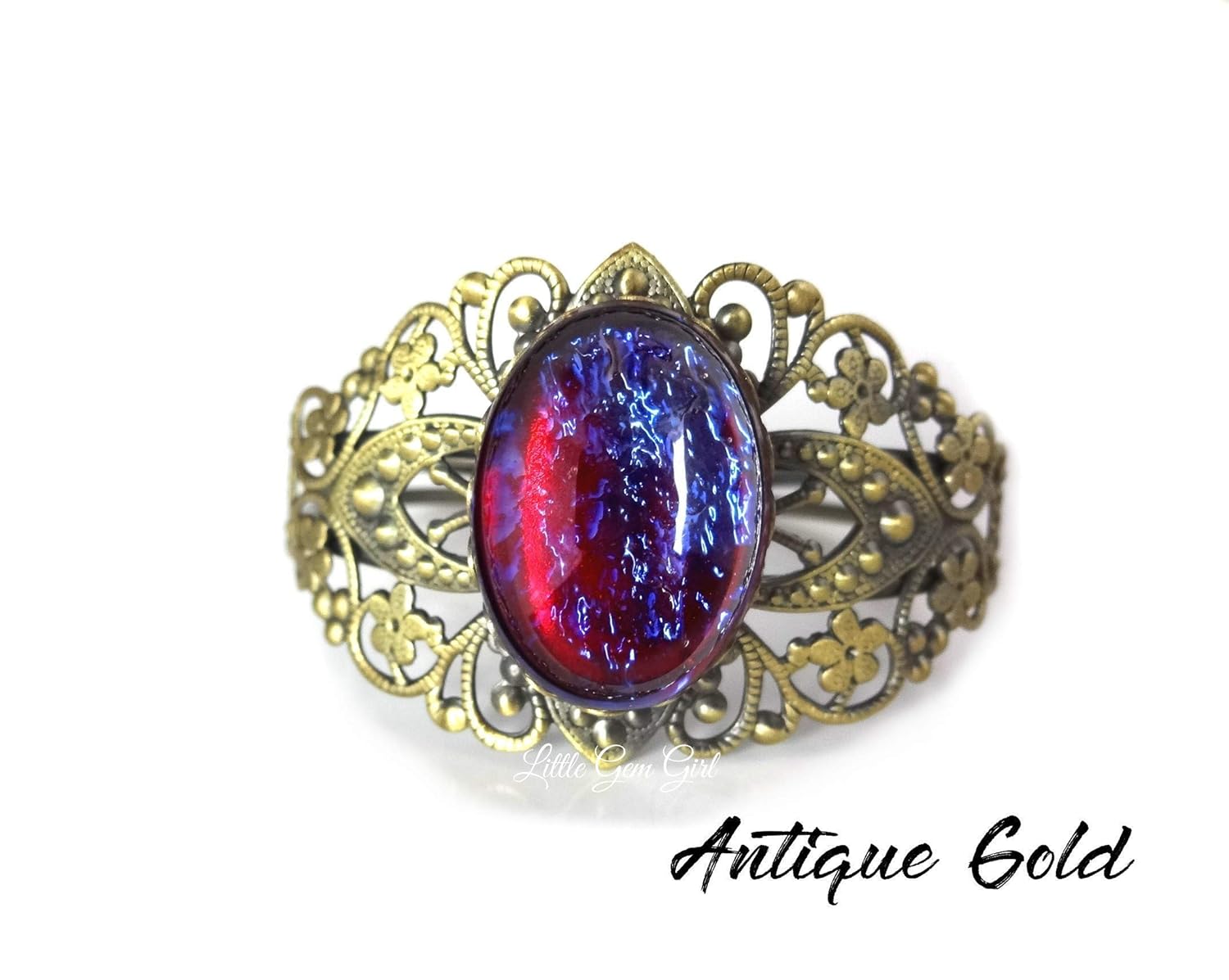 Amazon Com Synthetic Mexican Fire Opal Czech Glass Dragons Breath Victorian Style Cuff Bracelet In Rose Gold Antique Silver Or Gold Pewter Gunmetal Or Bright Silver Handmade
