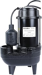 RainBro 1/2 HP Cast iron submersible sewage pump with 10 ft. piggy back tether float switch,Model# CSE050