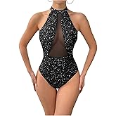 SHENHE Women's Sexy Sheer Mesh Halter Bodysuit Cut Out Keyhole Back Party Night Bodysuit