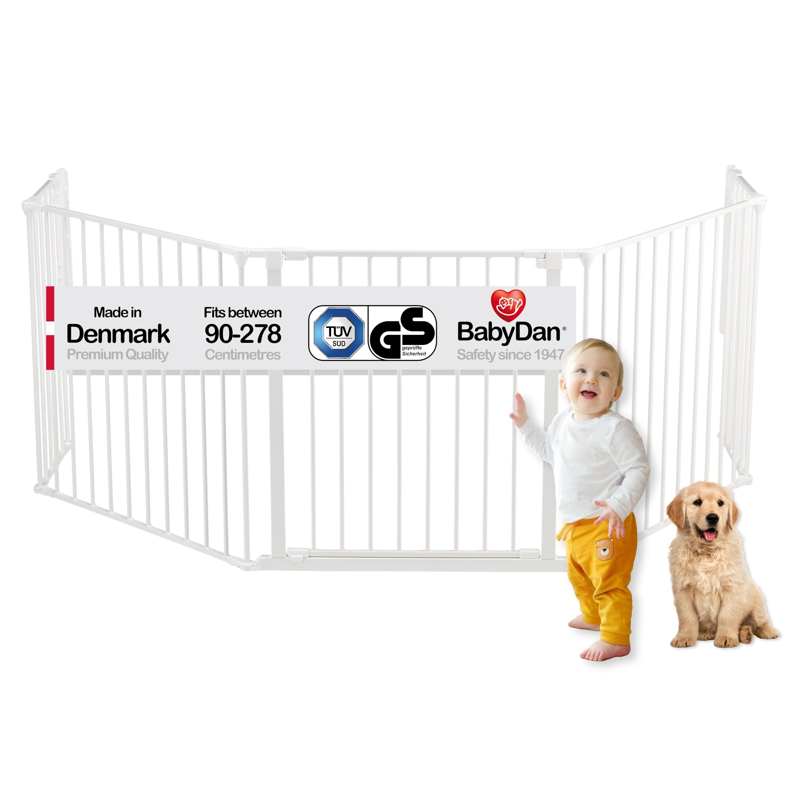 BabyDan Flex XL, 90-278 cm/35.5-109.4 inches, Hearth Gate/Stair Gate/Room Divider/Fire Surround, White, Made in Denmark - Baby Gate/Safety Gate (Pet Gate/Dog gate/Dog playpen)