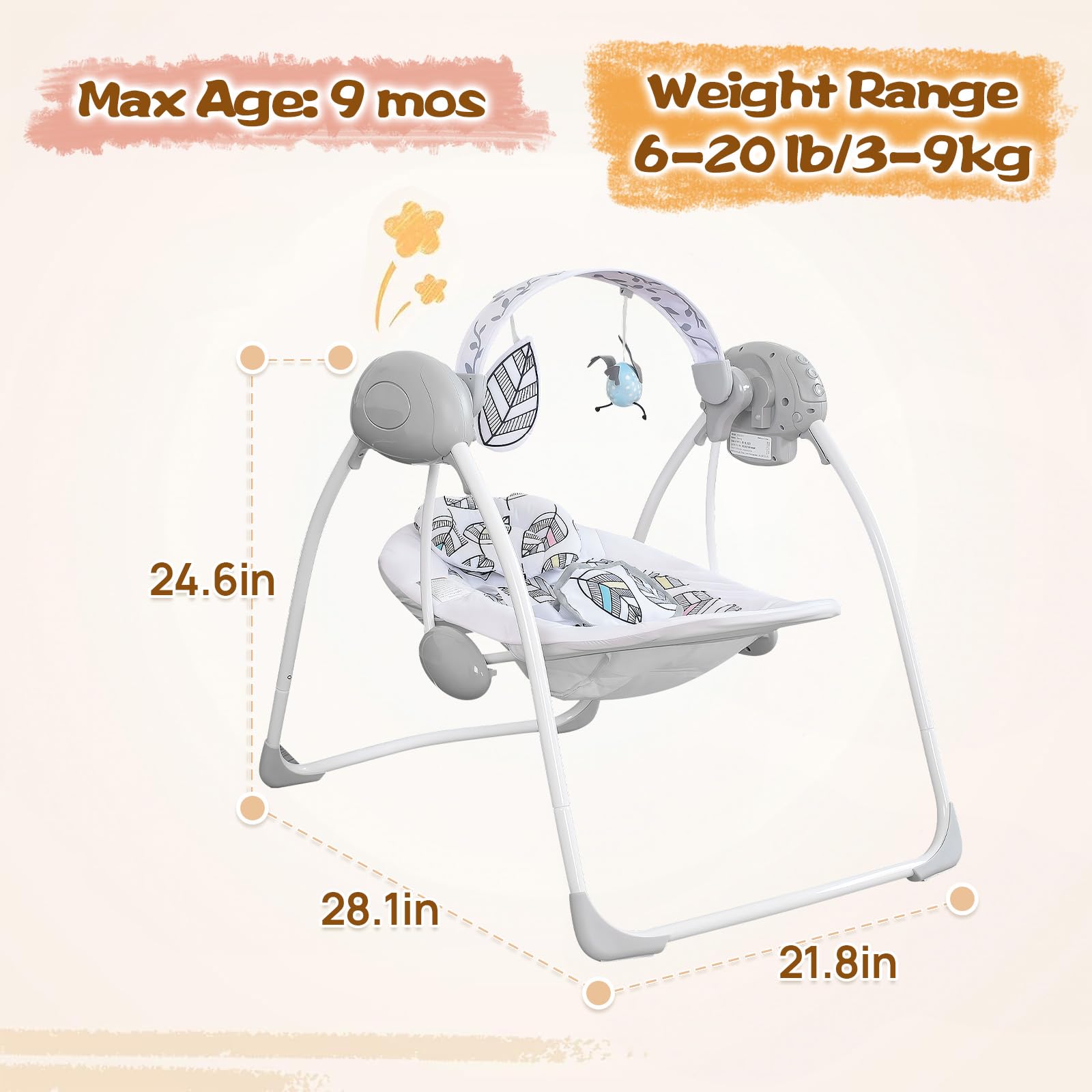 Baby Swing,Baby Swings for Infants,Easy-Fold Infant Swing with Adaptable Speed,Music,Timing,Portable Baby Swing Indoor/Outdoor,Baby Swing for Babies 0-6 Months 6-20 lbs White