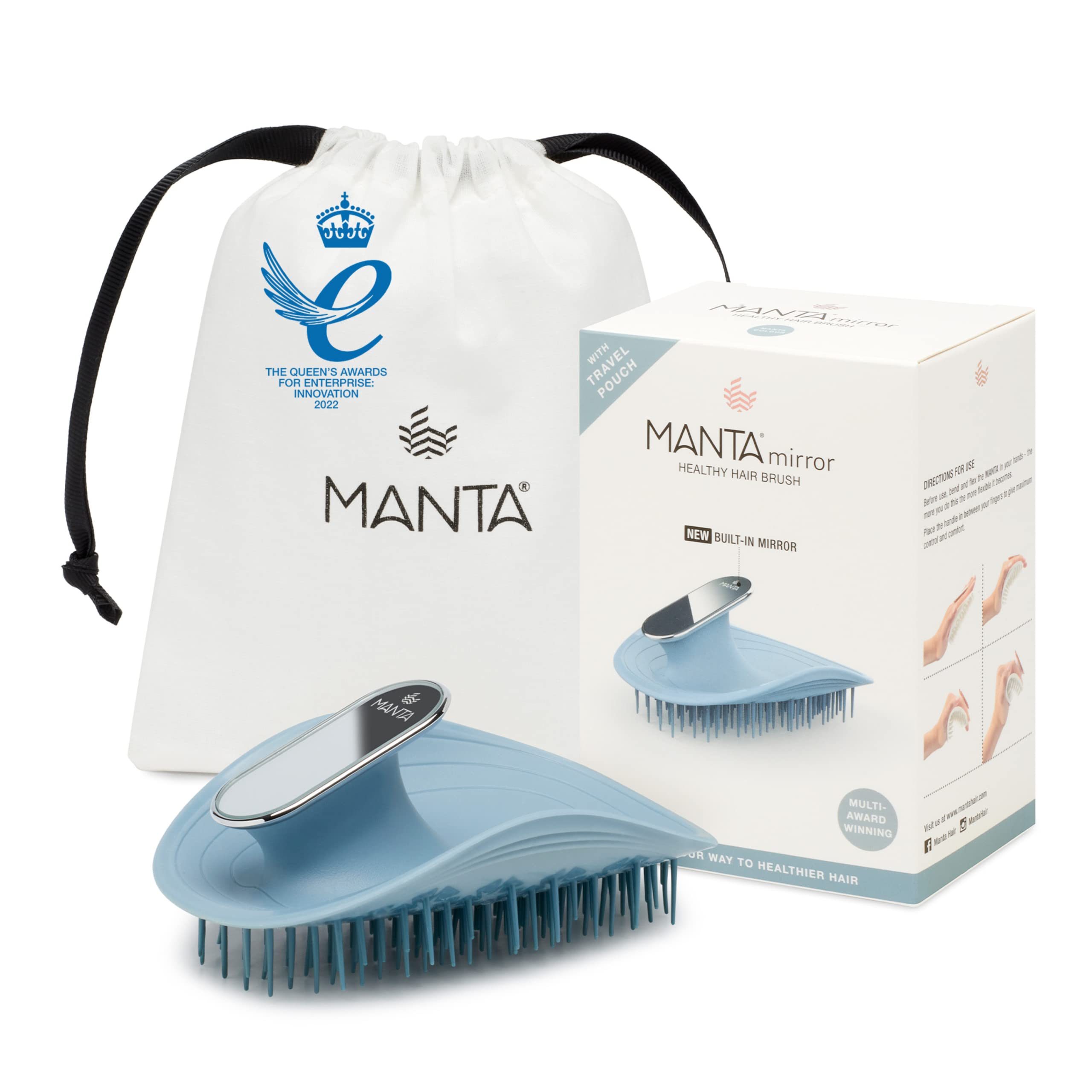 Manta Mirror Anti-Breakage Hairbrush – Travel & Shower Detangling Brush with Built-in Mirror, Wet & Dry Hair Brush for Pro Detangling, Blue