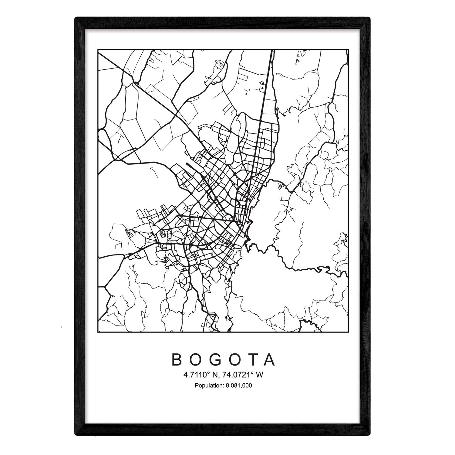Sheet Bogota city map Nordic style black and white. A3 size poster Printed paper No 250 gr. Paintings, prints and posters for living room and bedroom
