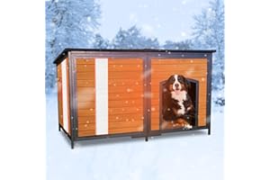FunXplore Insulated Dog House Outdoor Weatherproof, Wooden Warm Houses with Upgrade Anti-Chewing Iron Frame Dog Shelter for P