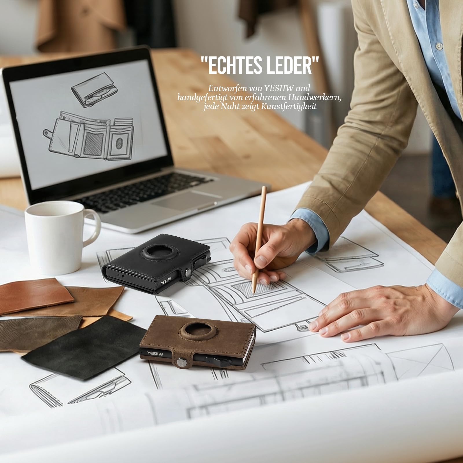 YESIIW Portmonee Herren Echt Leder mit AirTag Fach, Geldbeutel AirTag mit Pop-Up Kartenetui für 10 Karten & 2 Ausweis, RFID Geldbörse mit Münzfach, für Alltag, Reise & Büro, Smart Wallet Braun 2