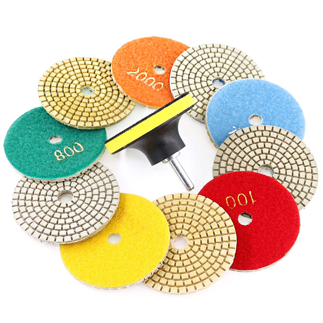 Swpeet 11Pcs Diamond Polishing Pads Kit, 10Pcs 3 Inch Wet/Dry Polishing Kit Polishing pads Kit with 1Pcs 3 Inch Yellow Backer Pad for Granite Marble Stone Glass Quartz Polishing