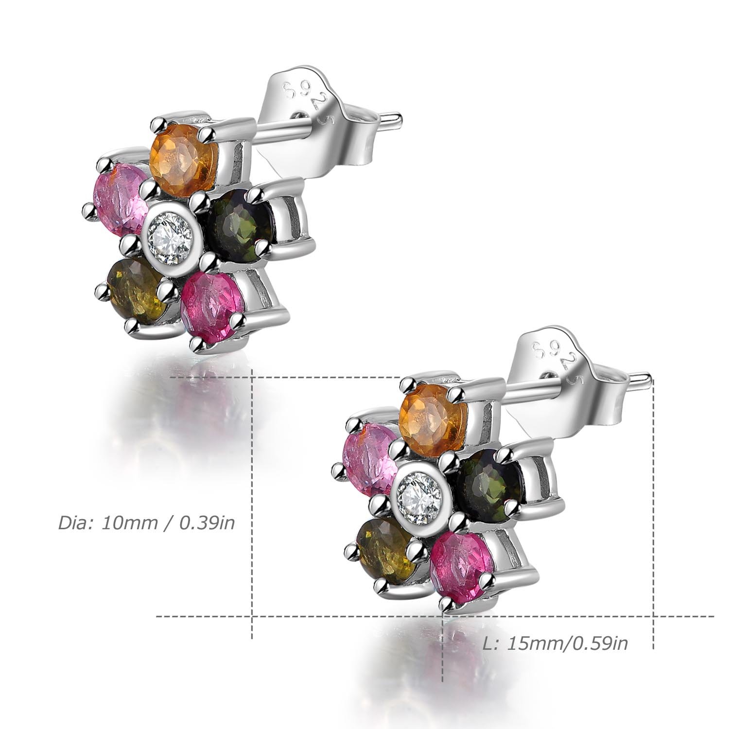 COLORFEY Flower S925 Sterling Silver multi color Tourmaline Natural Gemstone Earring Studs for Women