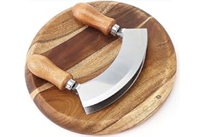 Mezzaluna Knife and Round Cutting Board Double Blade Chopping Knife Pizza Cutter Rocker Knife Mezzaluna with Wood Cutting Boa