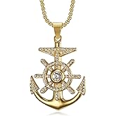 NEGS 18K Gold Plated Vintage Nautical Anchor Pendant Stainless Steel Rock Necklace for Men, 24 Inch Chain Hip Hop Vintage Navy Jewelry