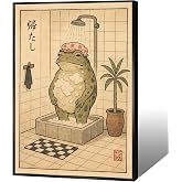 Vintage Frog Bathroom Canvas Wall Art Funny Showering Green Frog Posters Japan Whimsical Animal Plants Aesthetic Prints Painting For Home Dorm Apartment Toilet Wall Decor 12x16in Unframed