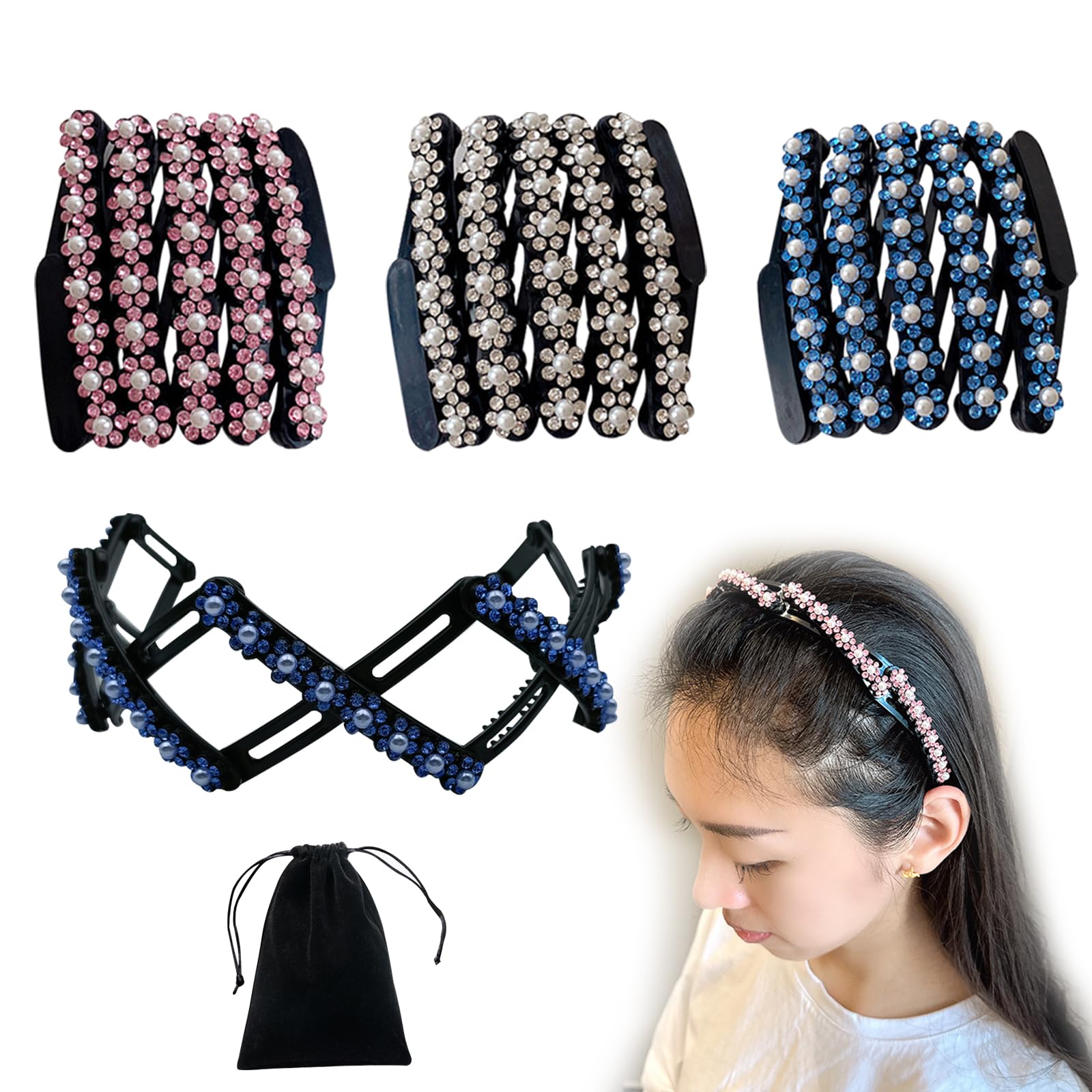 KASESSS 3 Pcs Retractable Headband, Portable Hair Bands for Women, Headbands for Women's Hair with Storage Bag, Foldable Head Bands Adult Women for Washing Makeup Travel Outdoor, Non Slip Wavy Teeth