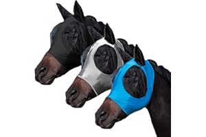 FOXLVDA 3 Pcs Horse Fly Mask - Fly Masks for Horses with Ears, Fashionable and Breathable Stretch Fabric with UV & Sun Protection for Average Size Horses (Blue-Black-Gray)