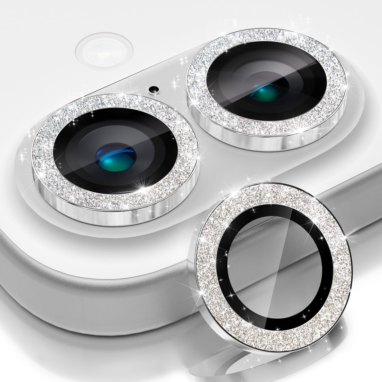Photo 1 of CloudValley for iPhone 16 /iPhone 16 Plus Camera Lens Protector Bling, [Glitter Decoration] Ultra-HD Tempered Glass Cover, Metal Lens Screen Protective Ring Accessories,Glitter White