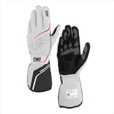 OMP Racing Driving Gloves, Tecnica, FIA Approved, Single Layer, Fire Retardant Fabric, White/Anthracite, X-Large, Pair