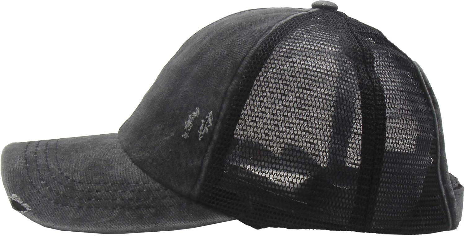Criss Cross Baseball Caps, Women Ponytail Mesh Hat Distressed High Messy Bun Trucker Ponycap (Black, One Size) at  Women’s Clothing store