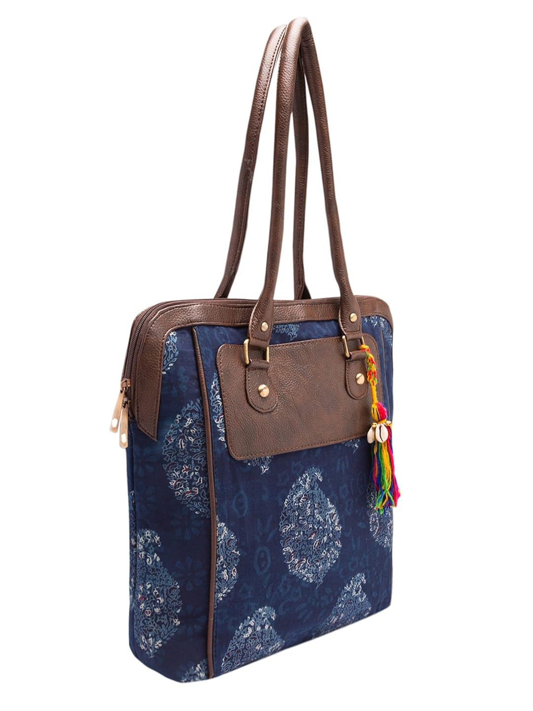 vivinkaa ethnic printed blu flower tote bag with zip for women