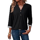 Dokotoo Womens Tops Spring Summer 3/4 Length Sleeve Fashion T-Shirts V Neck Button Down Dressy Casual Loose Basic Tee Blouses