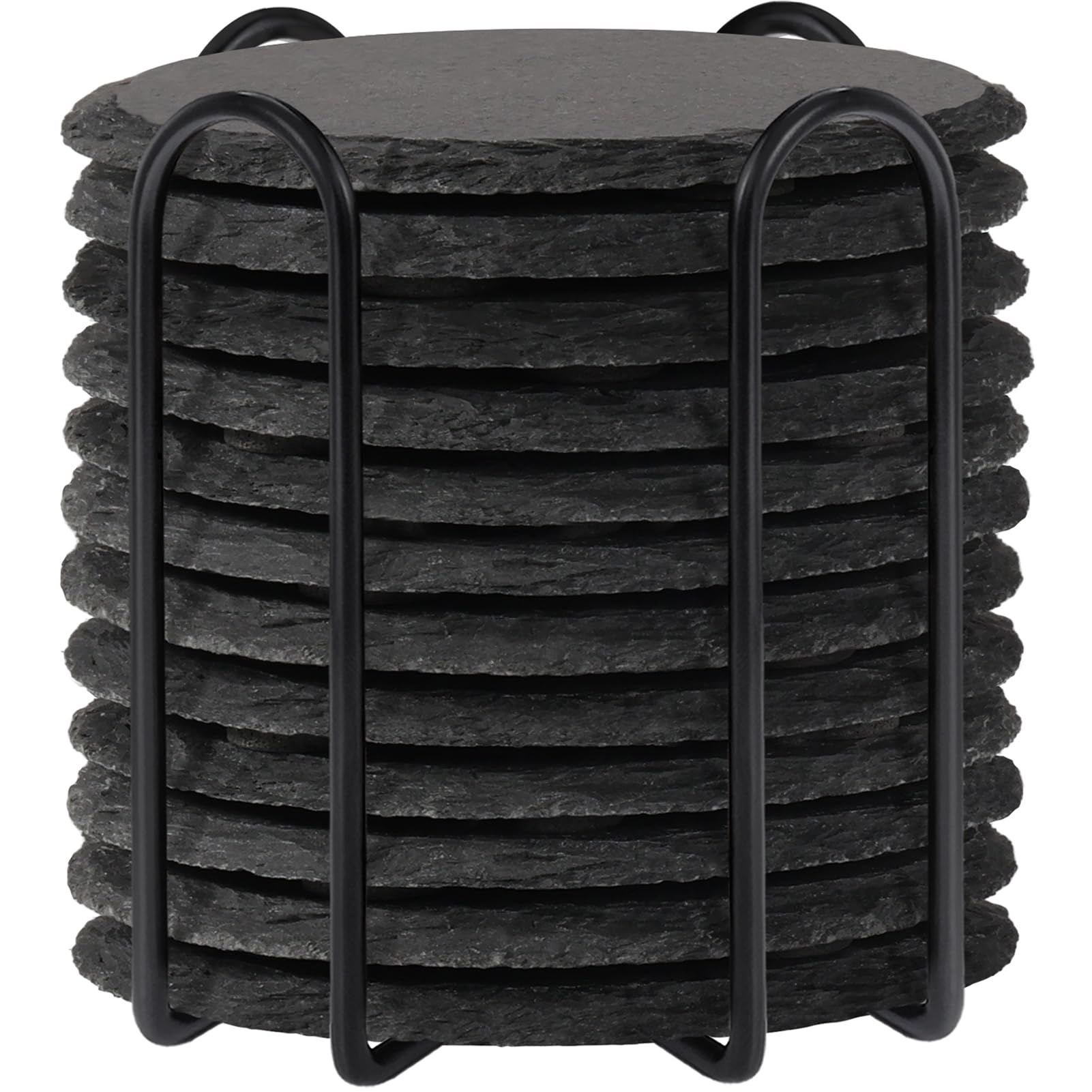 Slate Drink Coasters with Holder, Set of 12 WEWINK PLUS 4 Inch Round Black Stone Coasters Bulk Rock Rustic Coaster with Anti-Scratch Backing for Laser Engraving, Bar, Gifts, DIY, Kitchen, Home Decor