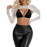 Lilosy Sexy Fishnet Mesh Sheer Crop Top Long Sleeve Shirt Rave Outfits Cover Up One Piece