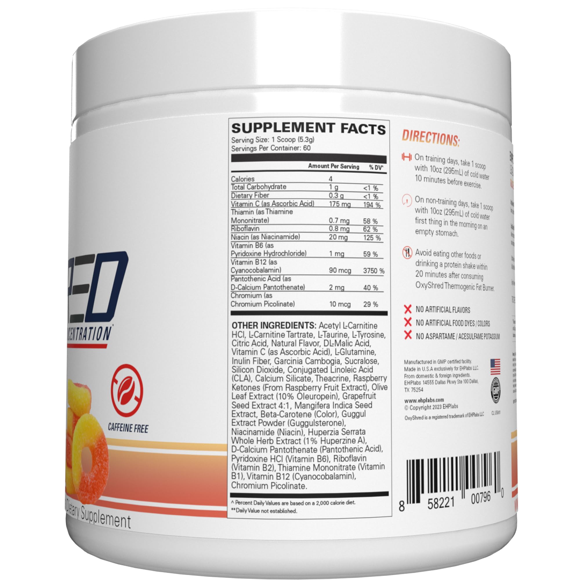 EHP Labs OxyShred Non Stimulant Pre Workout Powder - Stim Free Pre Workout, Caffeine Free Preworkout for Men & Women with L Glutamine & Acetyl L Carnitine - Peach, 60 Servings