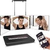 Self-Cut System 3 Way Mirror with LED Lights 14&rdquo; L x 1&rdquo; W - Black | 360-Degree Portable Trifold Mirror for Men &amp; Women, Impact-Resistant Glass Fold Flat Design, Retractable Hooks Fits Door