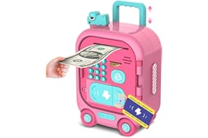 LAWDIEY Piggy Bank for Kids with Fingerprint, ATM Machine Kids Christmas Birthday Gifts, Electronic Cash Coin Bank Money Saving Box with Password, Toys Gifts for 3 4 5 6 7 8 9 10 11 Year Old Girls Boys (Pink)