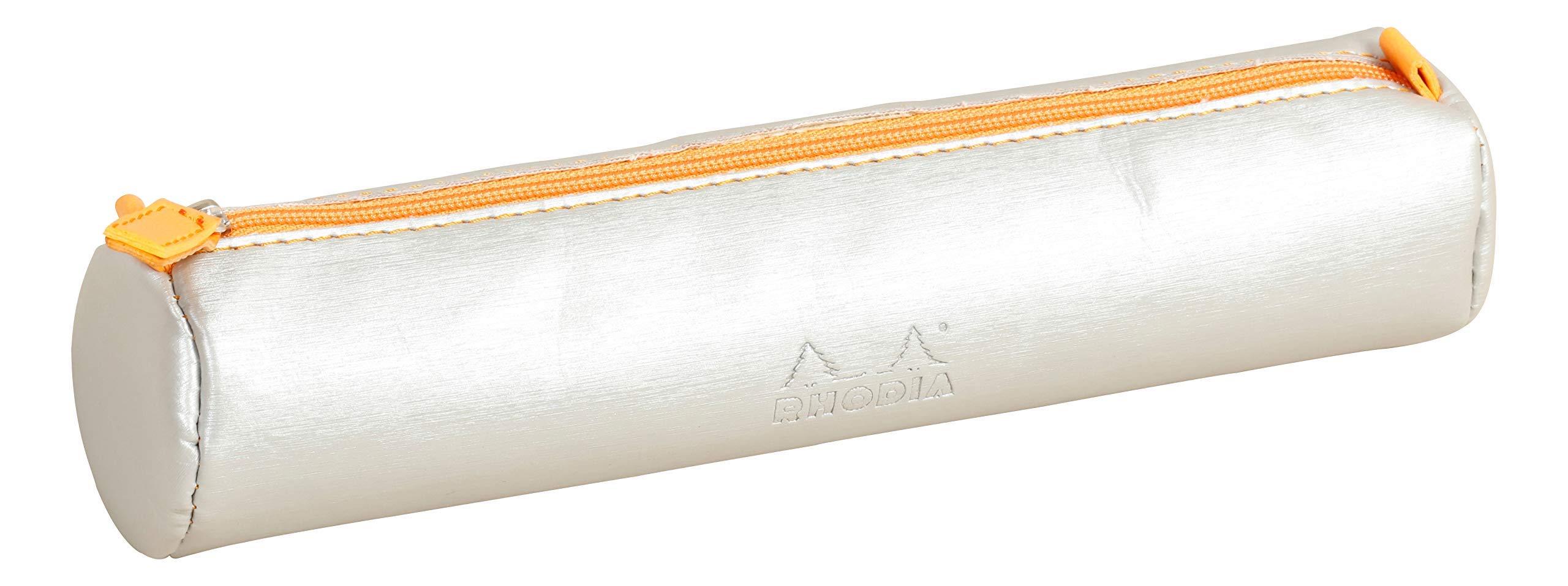 RHODIA 318891C - Rhodiarama Silver Round Pencil Case - 21.5 x 5.5 cm - Genuine Orange Stitching - Ivory Jersey Interior - Faux Leather - Storage for Pens, Pencils, Markers, Small Supplies